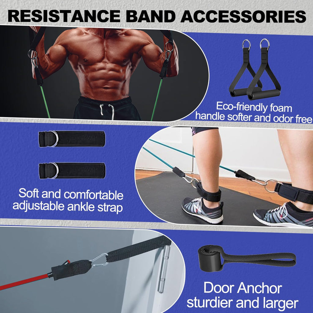 Kit de bandas elásticas con distintos niveles de resistencia para entrenar fuerza, movilidad, glúteos, piernas, brazos y core desde casa o el gimnasio.