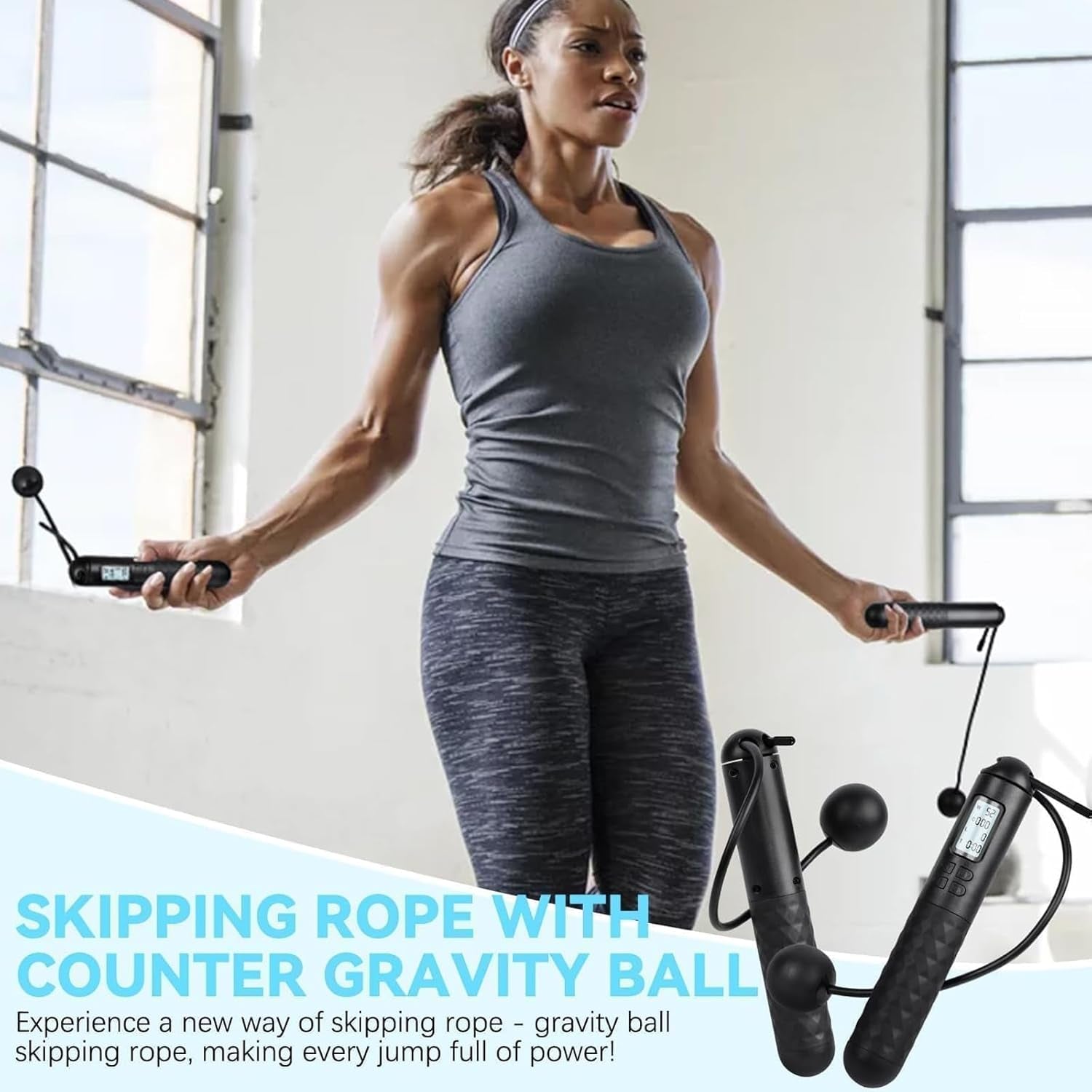 Skipping Rope with Counter, Gravity Ball Jump Rop, Counting Jump Rope, Cordless, Intelligent Digital Jump Rope, Adjustable Skipping Rope for Lose Weight- Black