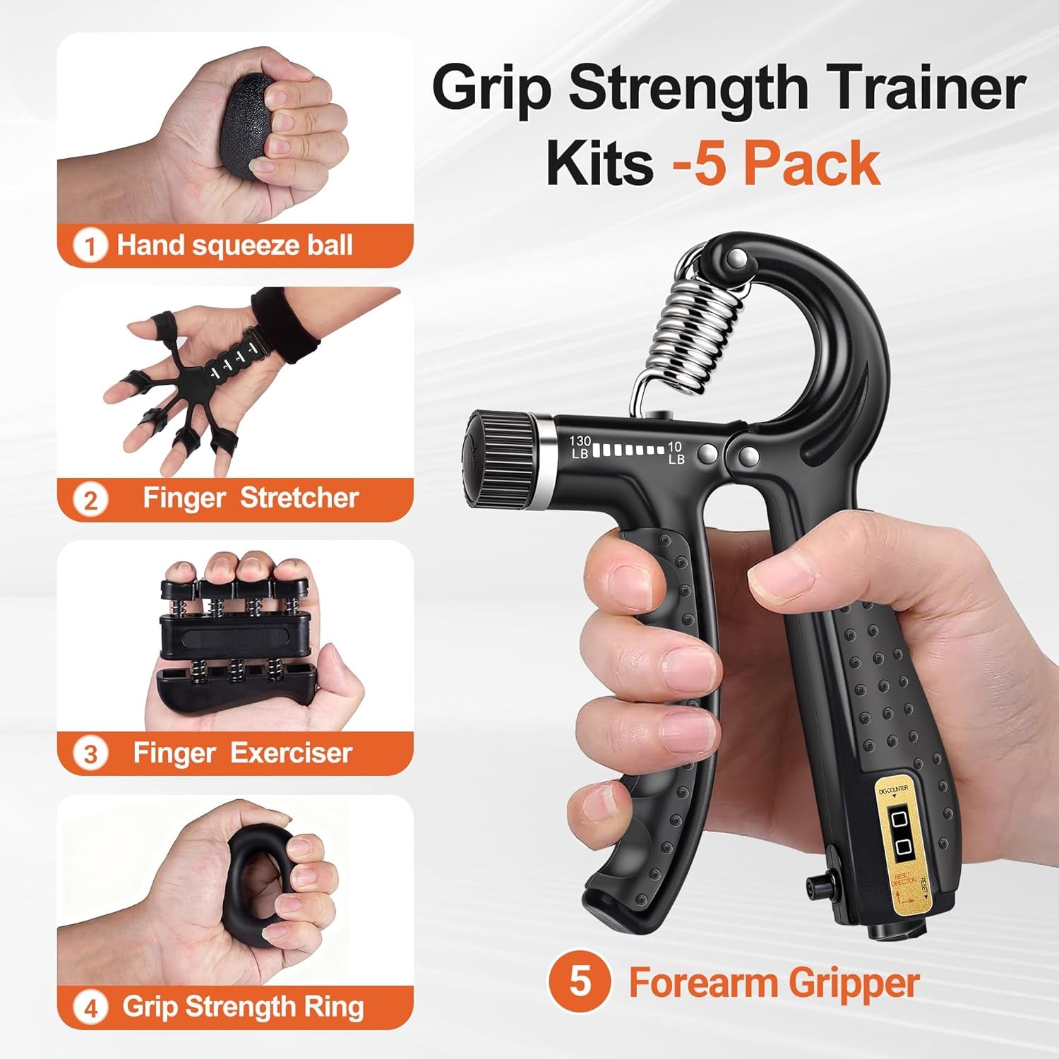 Grip Strength Trainer Kit (5 Pack) Adjustable Resistance Hand Gripper,Finger Exerciser,Hand Extension Exerciser,Stress Relief Ball and Forearm Workout Ring for Muscle Building Injury Recover