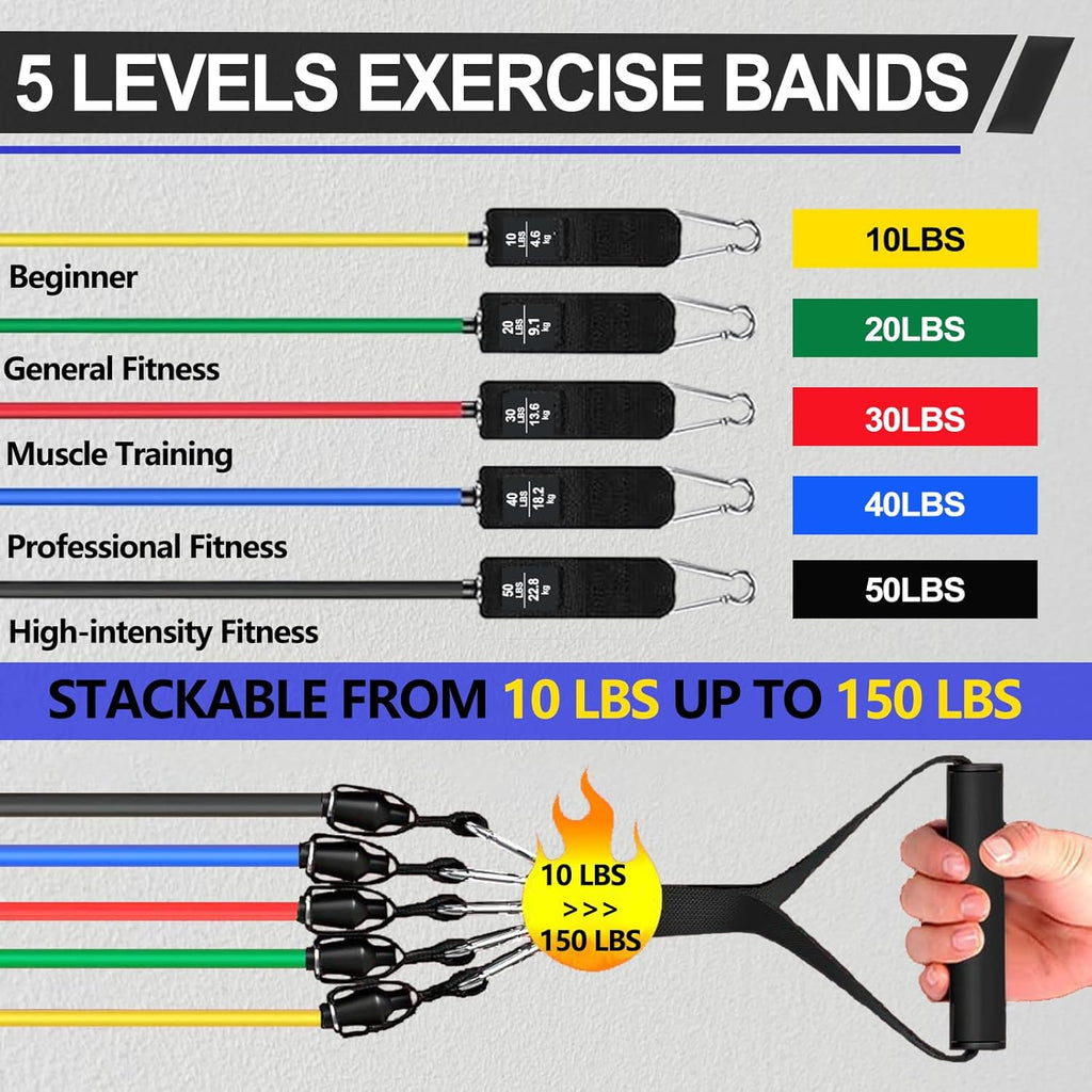 Kit de bandas elásticas con distintos niveles de resistencia para entrenar fuerza, movilidad, glúteos, piernas, brazos y core desde casa o el gimnasio.