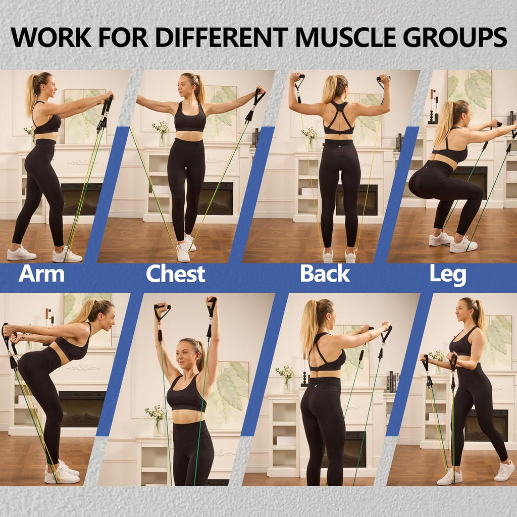 Kit de bandas elásticas con distintos niveles de resistencia para entrenar fuerza, movilidad, glúteos, piernas, brazos y core desde casa o el gimnasio.