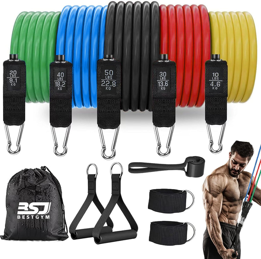 Kit de bandas elásticas con distintos niveles de resistencia para entrenar fuerza, movilidad, glúteos, piernas, brazos y core desde casa o el gimnasio.
