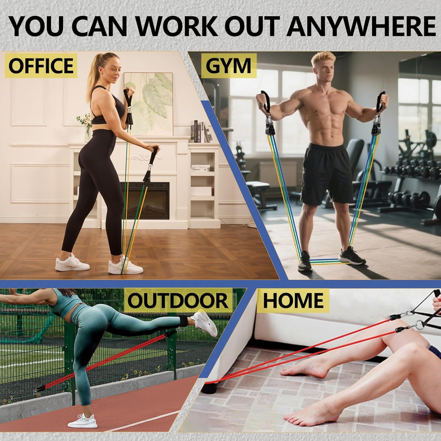 Kit de bandas elásticas con distintos niveles de resistencia para entrenar fuerza, movilidad, glúteos, piernas, brazos y core desde casa o el gimnasio.