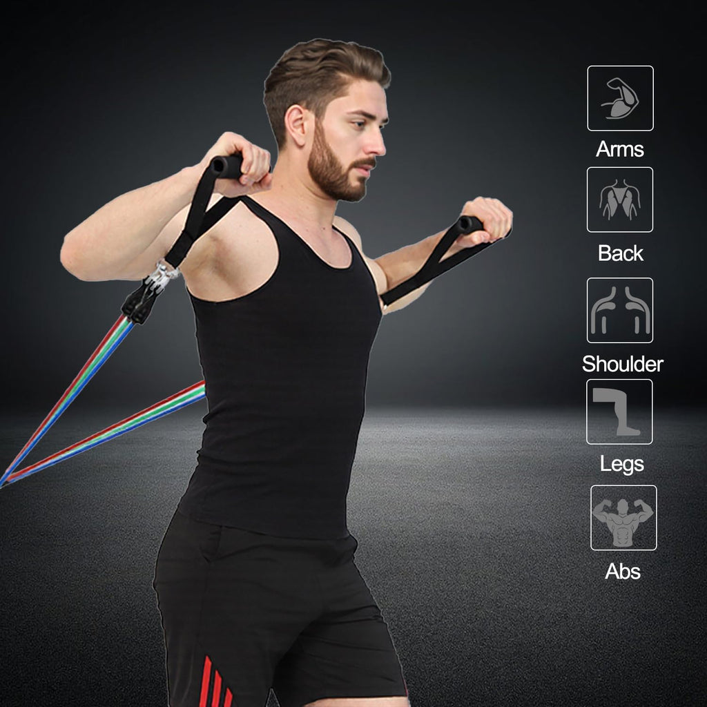 Kit de bandas elásticas con distintos niveles de resistencia para entrenar fuerza, movilidad, glúteos, piernas, brazos y core desde casa o el gimnasio.